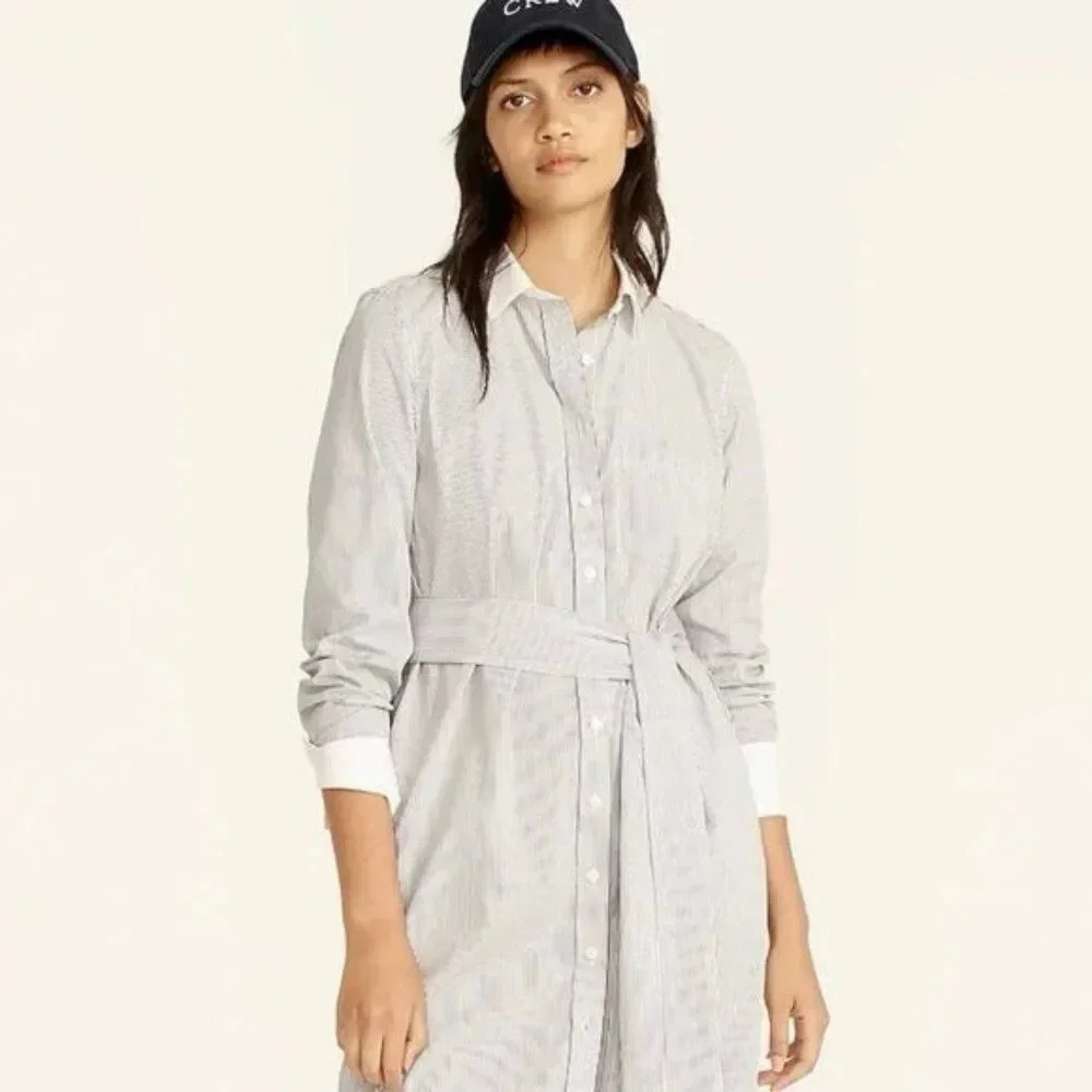 J.Crew 100% Cotton Poplin Classic-Fit Pin Stripe Sash Belt Shirt-Dress 6